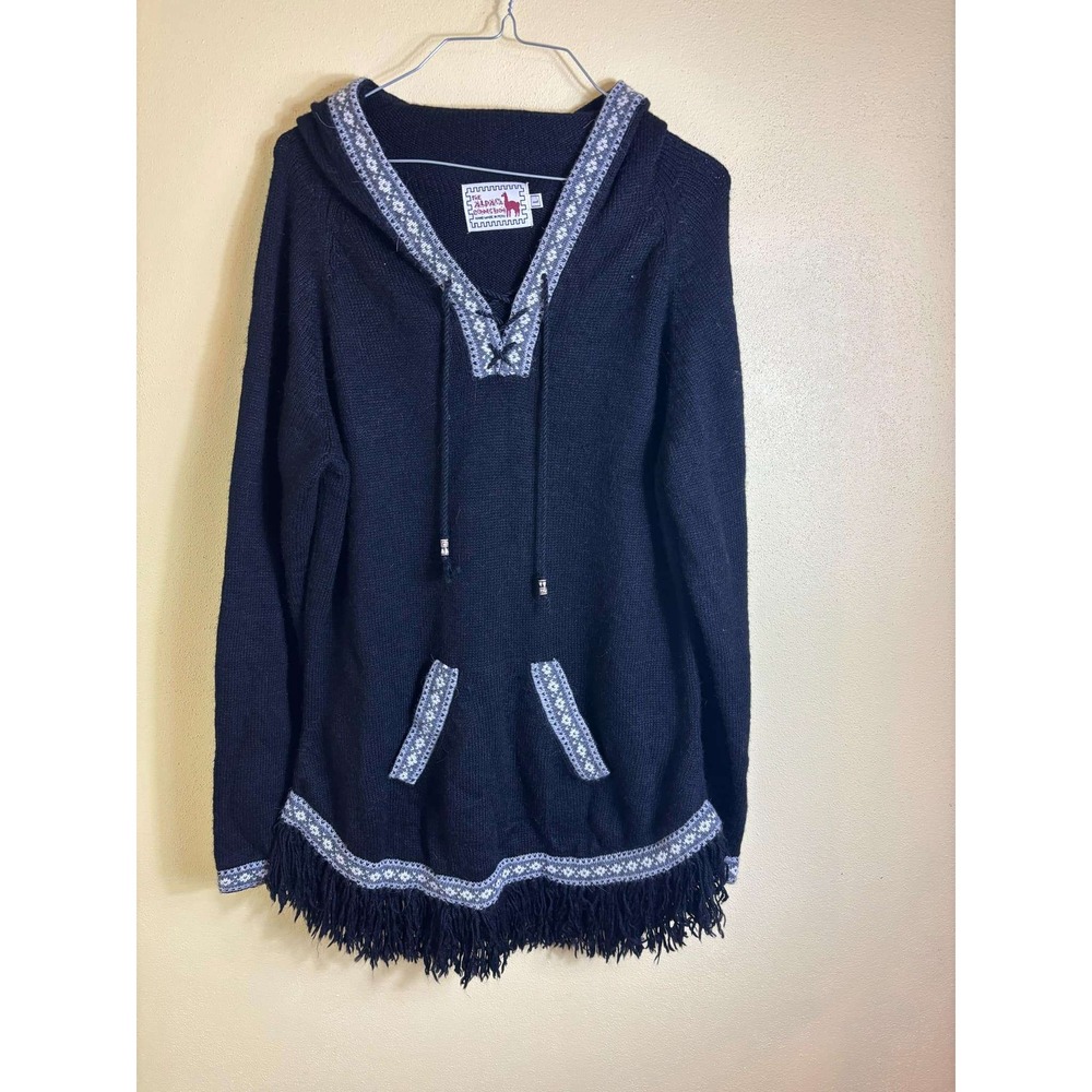 Alpaca Wool Peru Hooded Pocket Fringe Pullover Size‎ Large